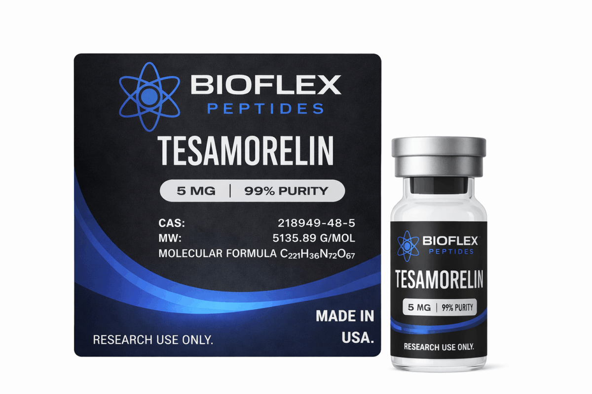 Bottle and box of Bioflex Tesamorelin peptides for research use.