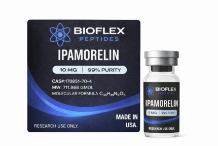 Bioflex Ipamorelin peptide vial and packaging with scientific details.