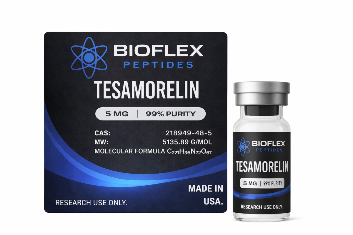 Vial of Bioflex Tesamorelin peptide for injection, 6 mg, 99% purity.